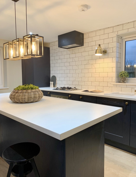 Sociable kitchen island with pendant lighting