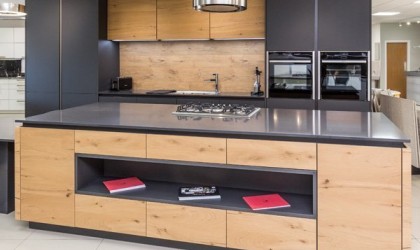 Carbon & Wild Oak kitchen on display in our showrooms.